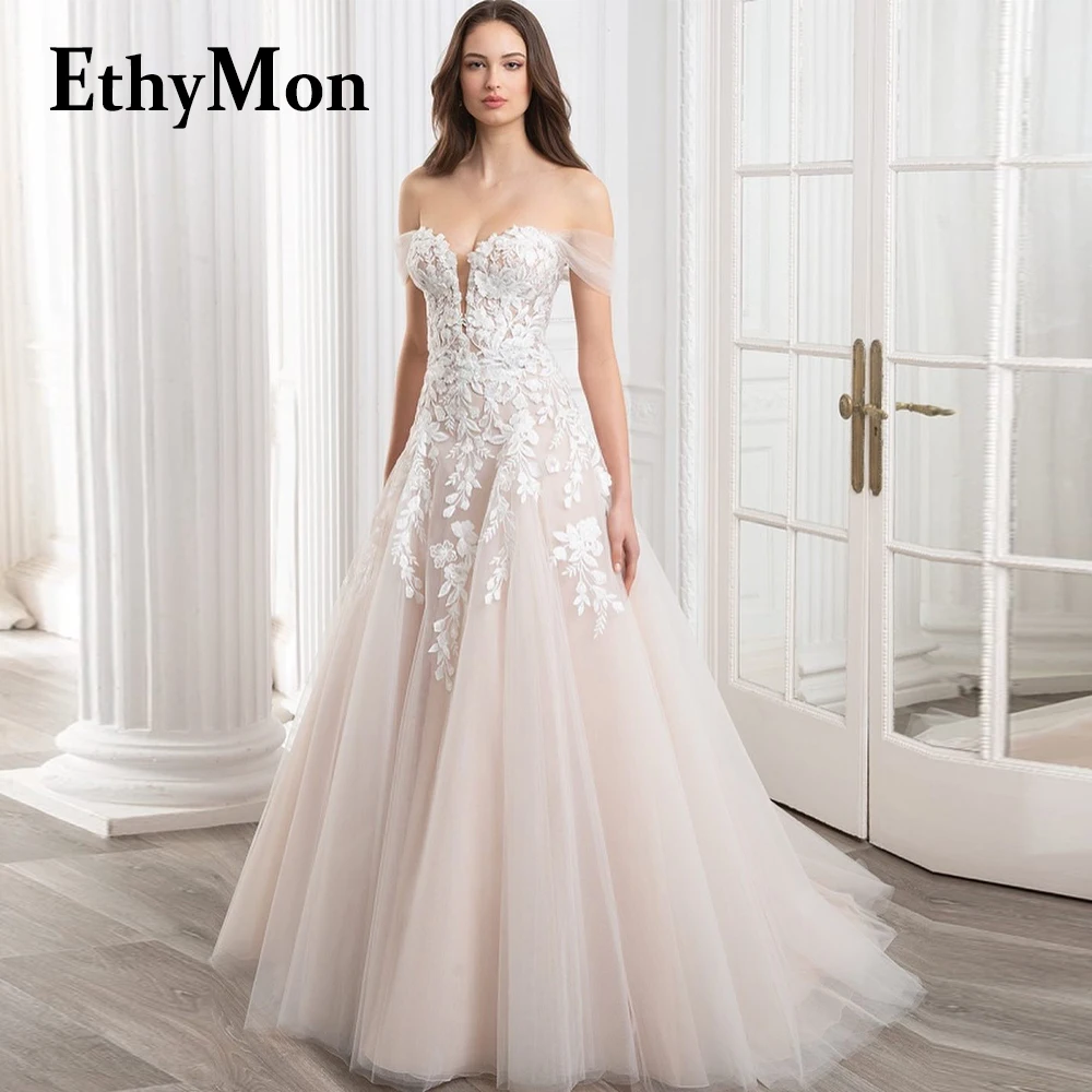 

Ethymon Sweetheart Tulle Off The Shoulder Button Evening Dresses For Wedding Made To Order Floral Print Vestidos Robes De Soirée