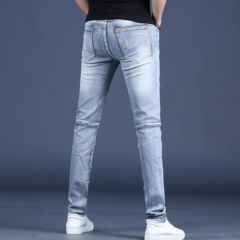 Jeans Men 2023 Summer Fashion Light Blue Slim Fit Pencil Pants Streetwear Casual Cotton Patchwork Patches Denim Trousers