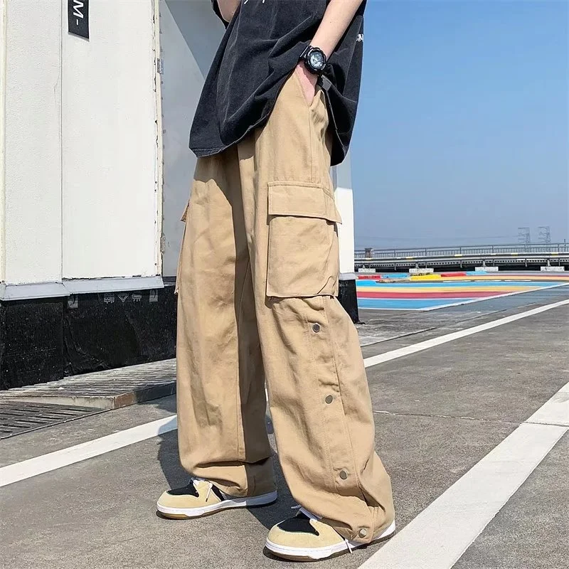 

New Men Cotton Cargo Pants Harajuku Style Straight Casual Pants for Men Solid Big Pockets Loose Wide Leg Design Trousers