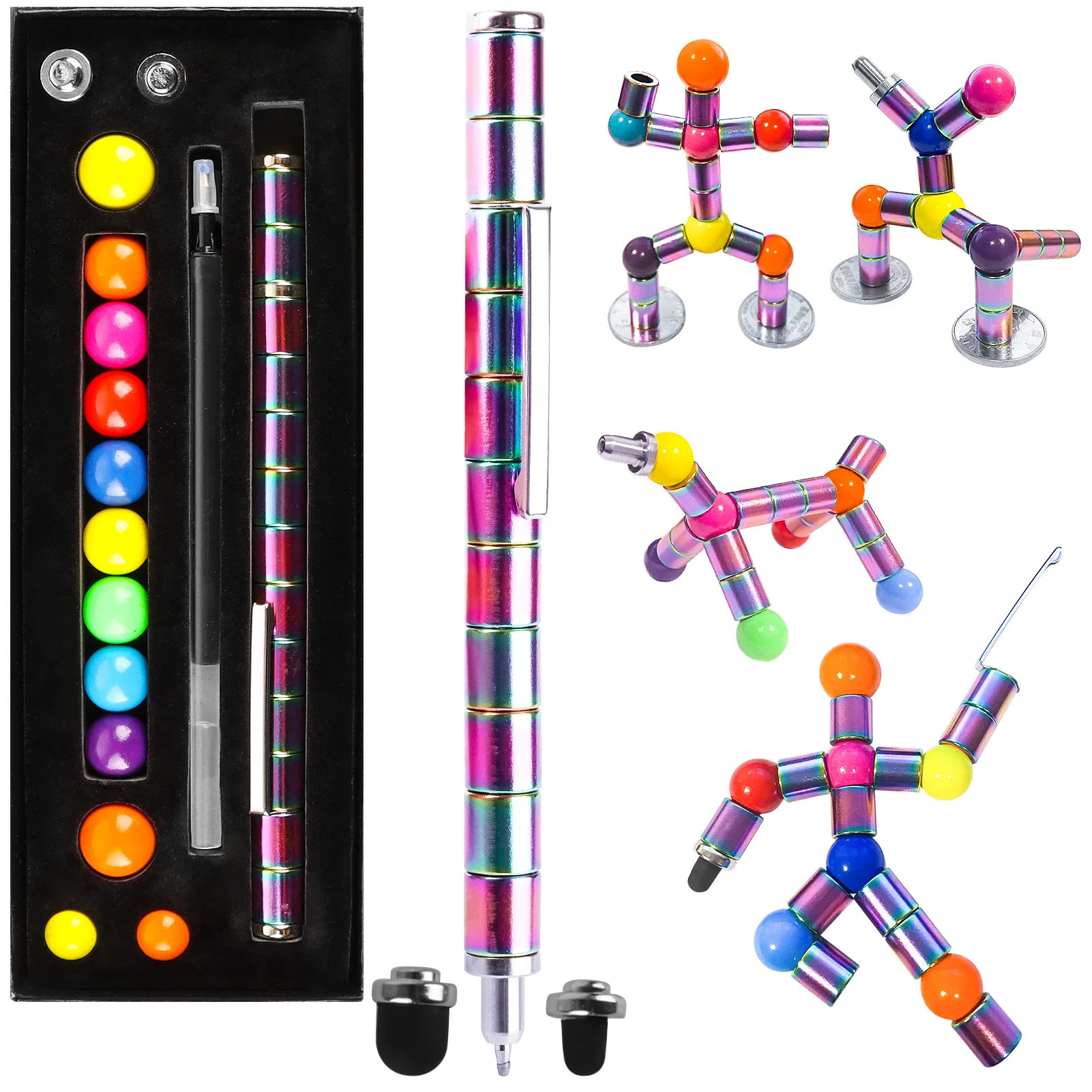 Magnetic Metal Fidget Pen With Colorful Magnet Balls Multifunctional Deformable Decompression Writing Pen Eliminate Pressure Pen