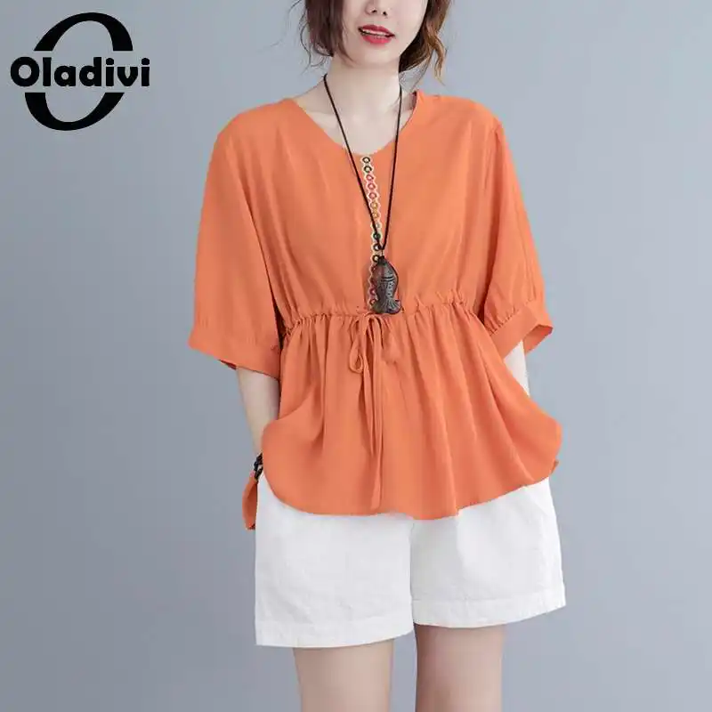 

Oladivi 5 Colors Oversized Clothing for Women Blouse Summer Cool Thin Shirt 2022 New Short Sleeve Casual Loose Top Blusa XXL 3XL