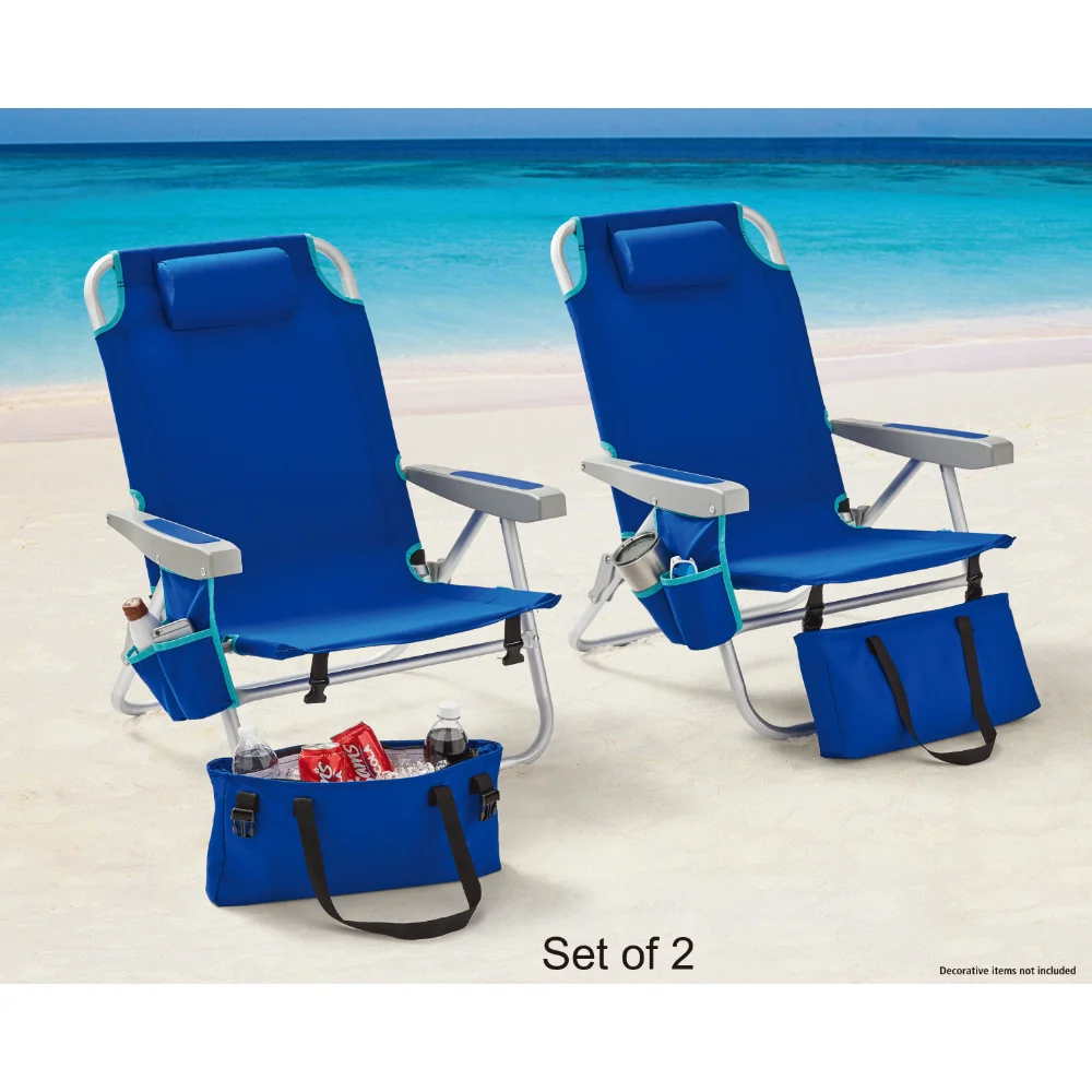

2-Pack Reclining Beach & Event Backpack Chair with Cooler Bag Blue Foldable Chair Recliner Chair Beach Chair Camping Chair