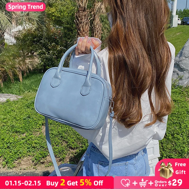 

Solid Color Women Shoulder Bag Retro Haze Blue PU Leather Ladies Large Messenger Bags Fashion Design Female Casual Tote Handbags