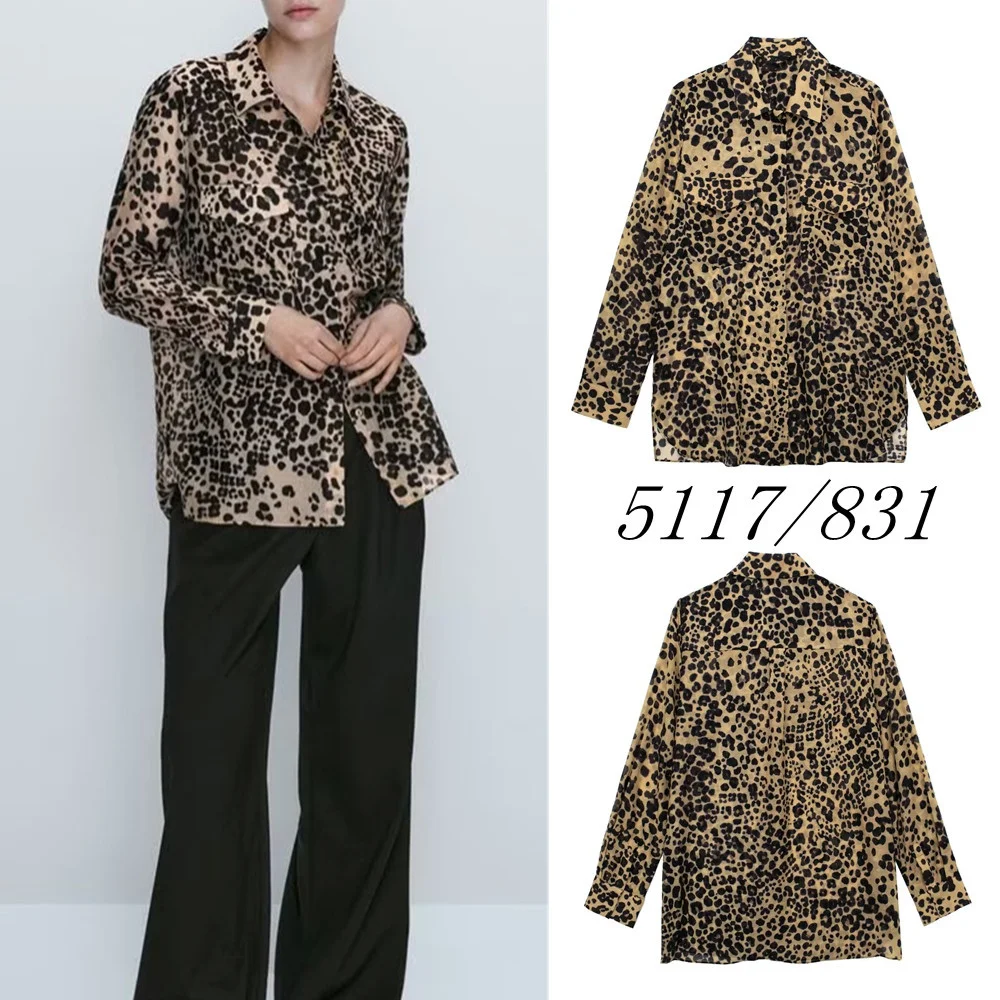 

PB&ZA Spring New Vintage Shirt Women's Lapel Long Sleeve Straight Pocket Decorated Animal Print Shirt 5117831
