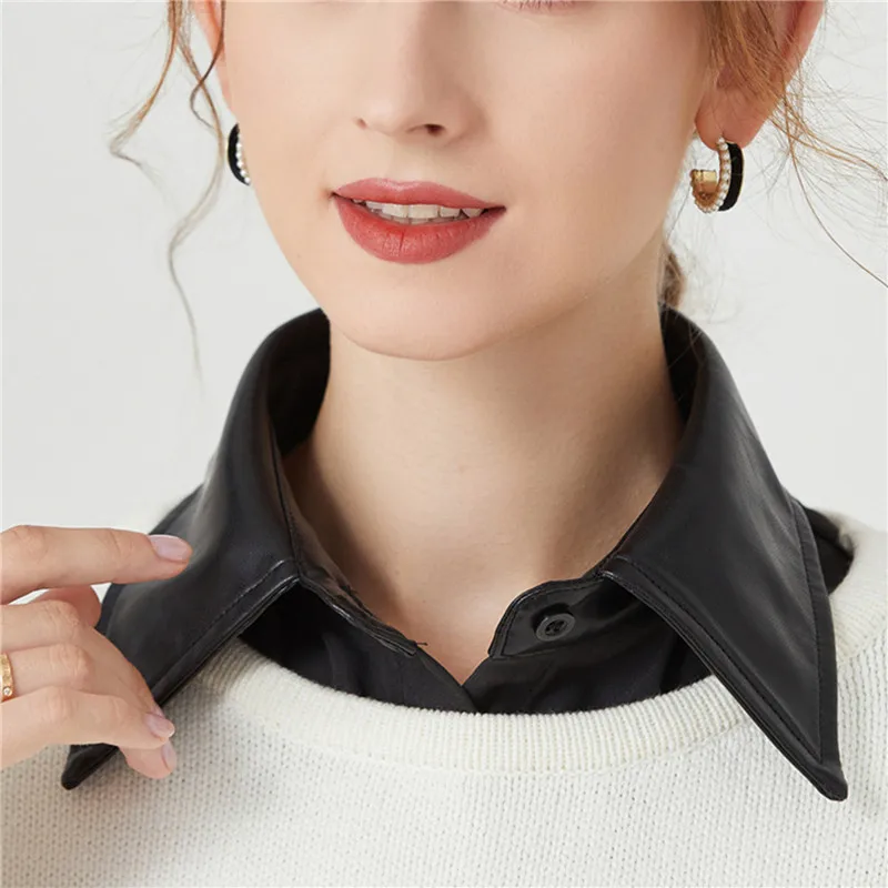 

Women Cotton PU Fake Collar Decoration Blouse Detachable Shirt Collar Sweater False Collars Lapel Top Women Apparel Accessories