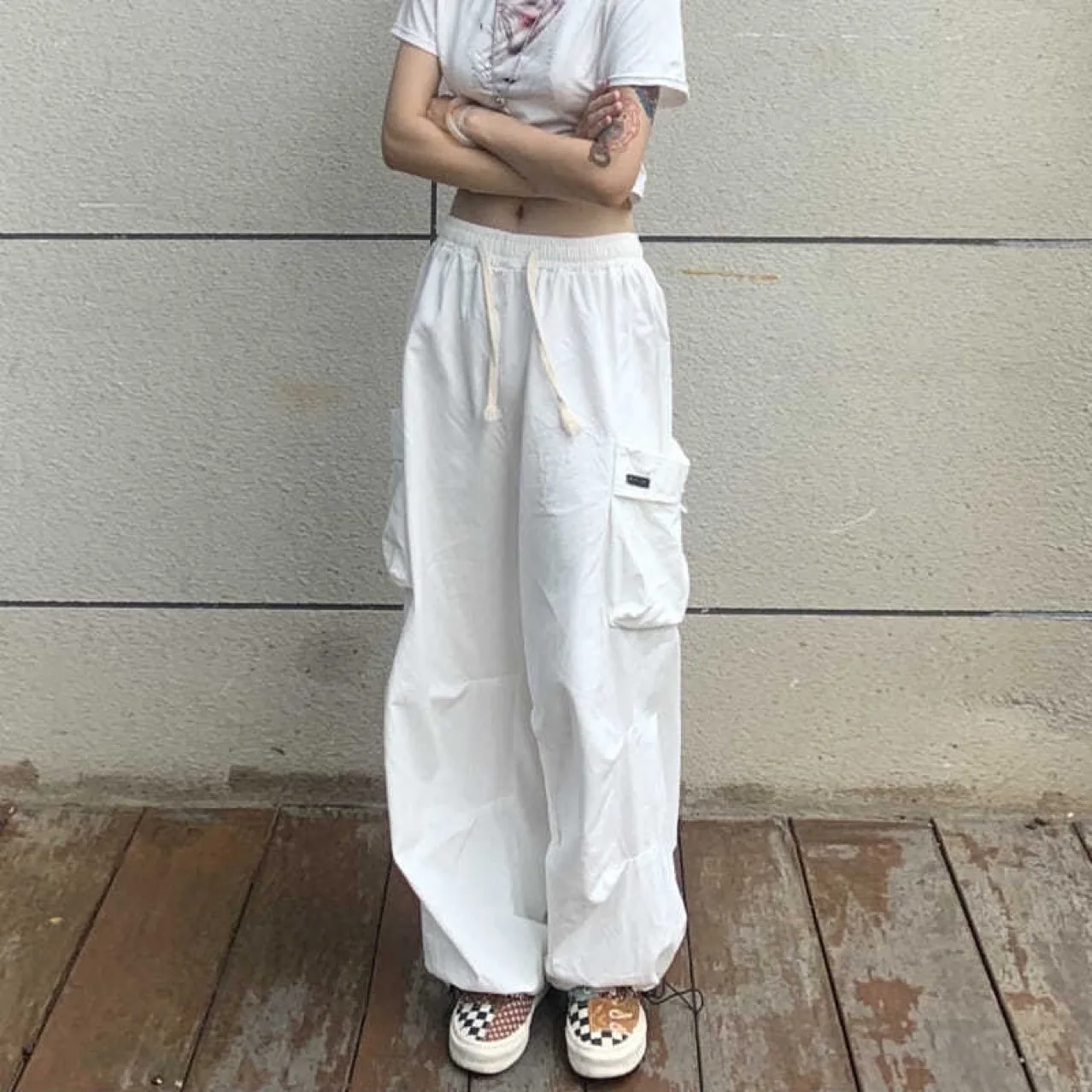 

Women Spring Summer Cargo Pants Solid Color Multi-pockets Drawstring Loose Streetwear Trousers