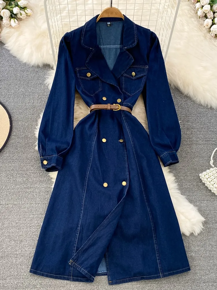 

2022 Autumn Women Denim Shirt Dress Long Sleeve Vintage Double Breasted A-Line Party Jeans Vestidos Femme Fashion Korean Robe