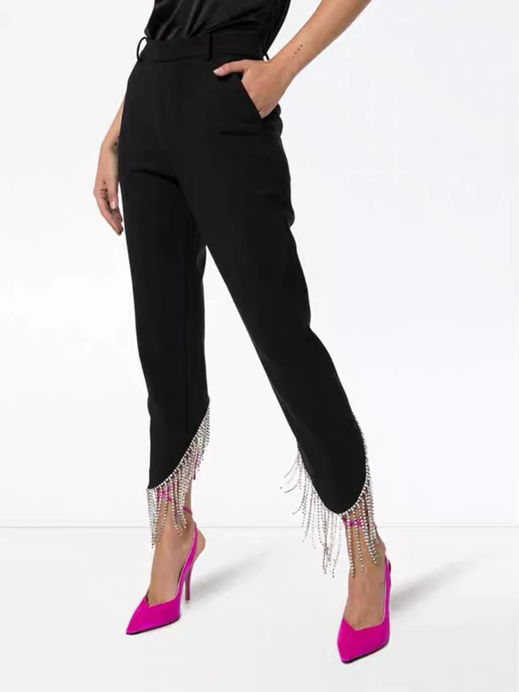 

Retro spring and autumn new fashion high-end white diamond rhinestone fringed calf trousers irregular black women's pants