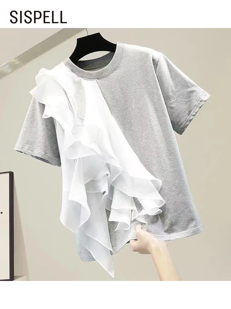 

SISPELL Korean Fashion Summer T Shirt For Women Round Neck Short Sleeve Patchwork Ruffle Trim Solid T Shirts Female Clothing New