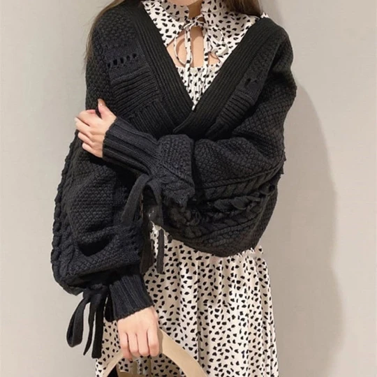 

Женский короткий вязаный кардиган, черный джемпер в японском стиле, весенние тканевые кофты