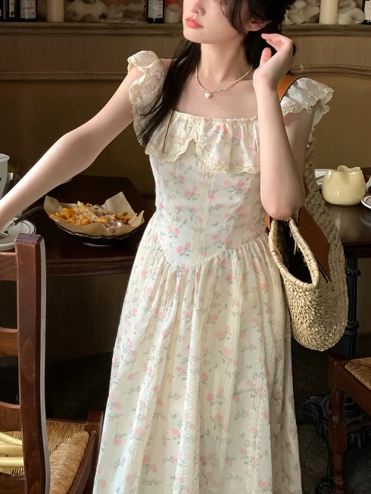 

Женское платье миди с цветочной вышивкой, Элегантное Длинное платье во французском стиле с квадратным вырезом, оборками и квадратным вырезом, летние платья с рукавами-фонариками