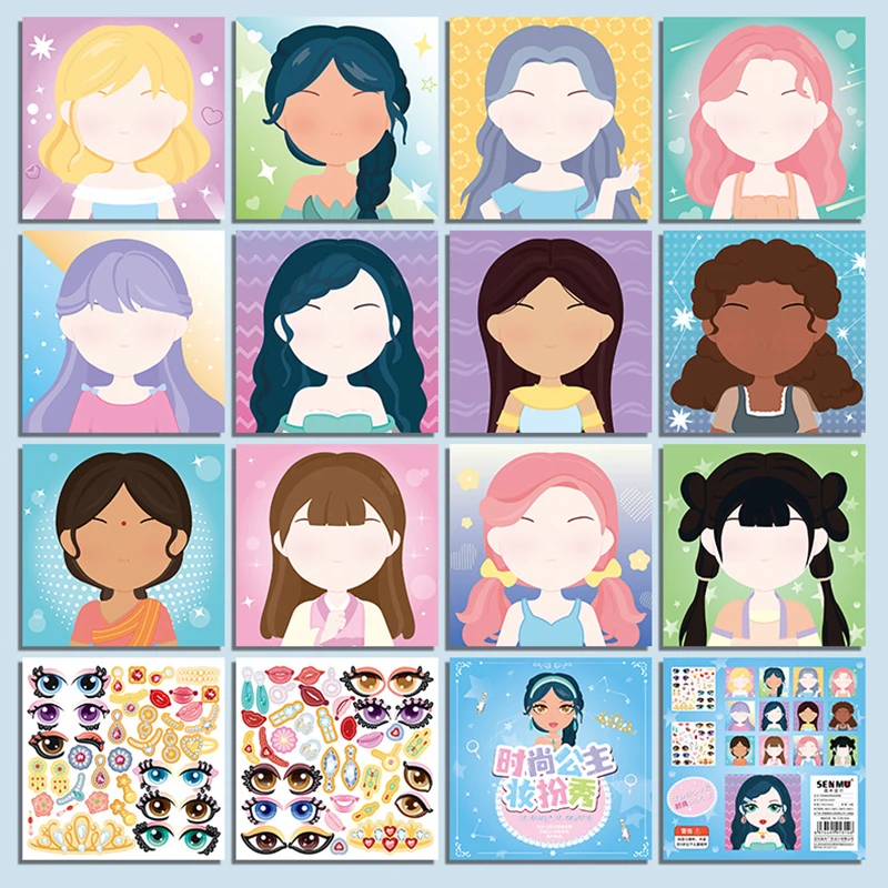 Make a Face Sticker Book Cute Cartoon Princess Fashion Girl 
