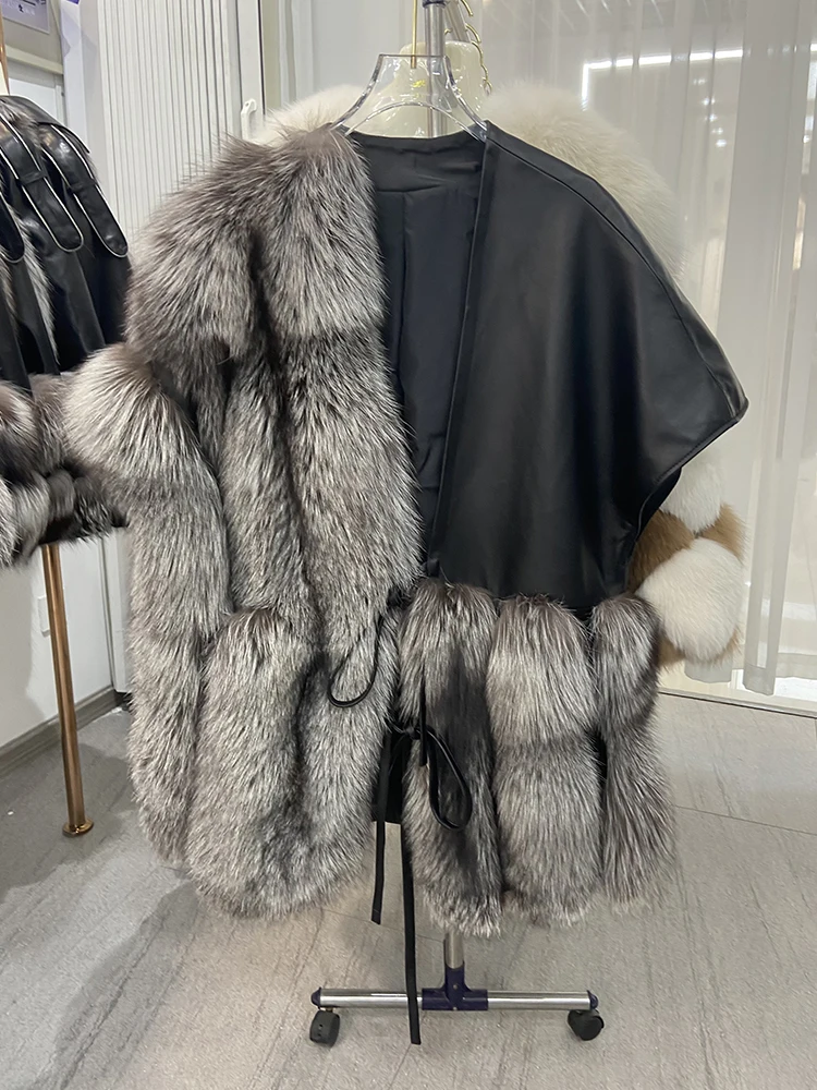 2022 High Quality Luxury Women Female Real Silver Fox Fur Outside Genuine Sheepskin Leather Oversize Loose Leisure Coat