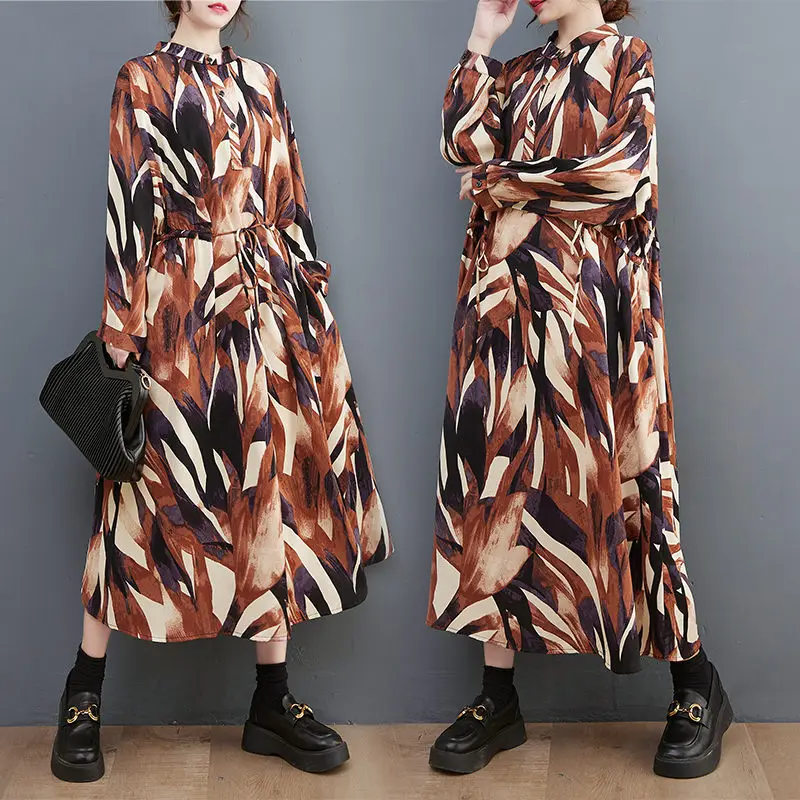 

Large Size Women's Spring Autumn Dress 2023 Korean Loose Fashion Literature Retro Printed Casual Lace Up Slim Shirt Dress T1929