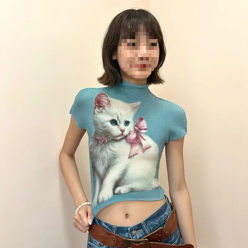 Весна и лето 2024 новая свежая сине-серая рубашка с маленьким белым котом выглядит
