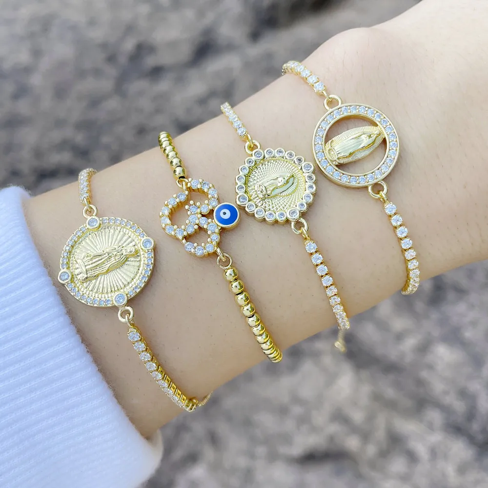 Catholic Virgin Mary Bracelets for Women Copper Gold Plated Tennis Bracelet Evil Eye Bracelets Lucky Amulet Jewelry Gifts brtf74