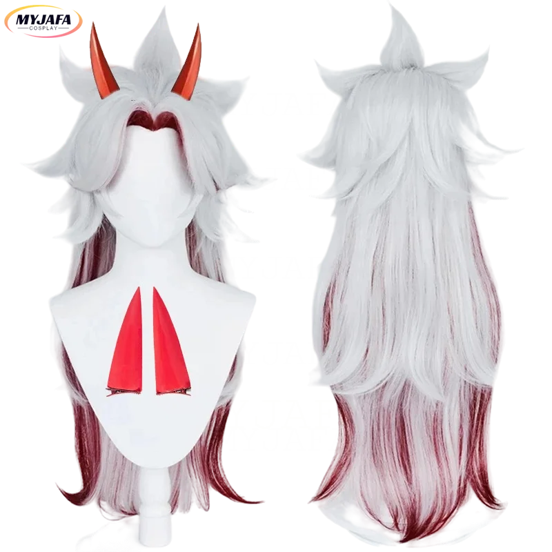 High Quality Game Genshin Impact Arataki Itto Cosplay Wig Heat Resistant Synthetic Hair Anime Wigs + Red Horn Prop Accessories