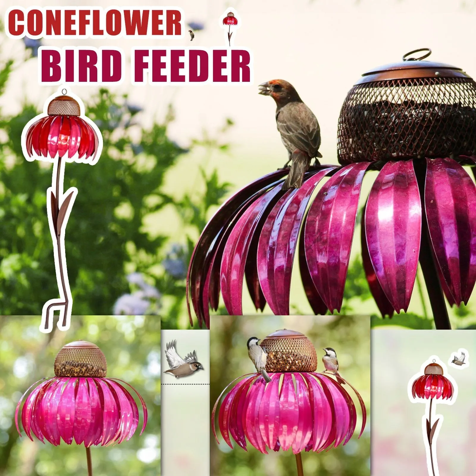 

Sensation Pink Coneflower Bird Feeder Outdoor Decoration Window Garden Flower Picaflor Comedero Outside Rust Resistant Art Metal