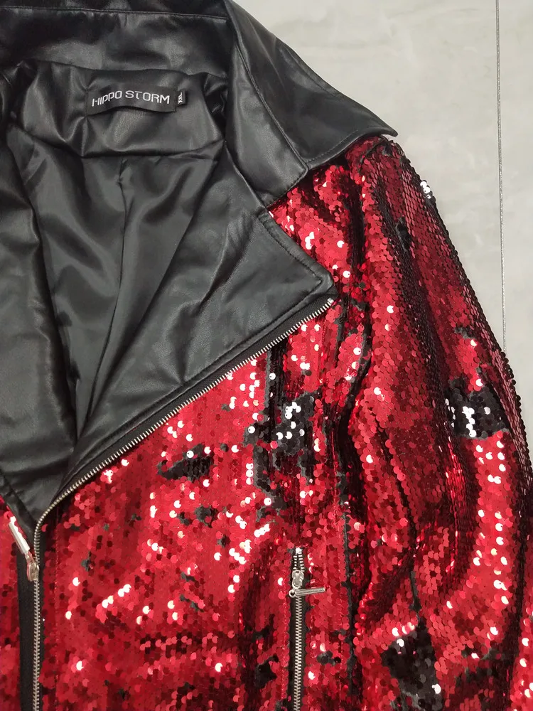 Мужская куртка из искусственной кожи с красными блестками черная мотоциклетная