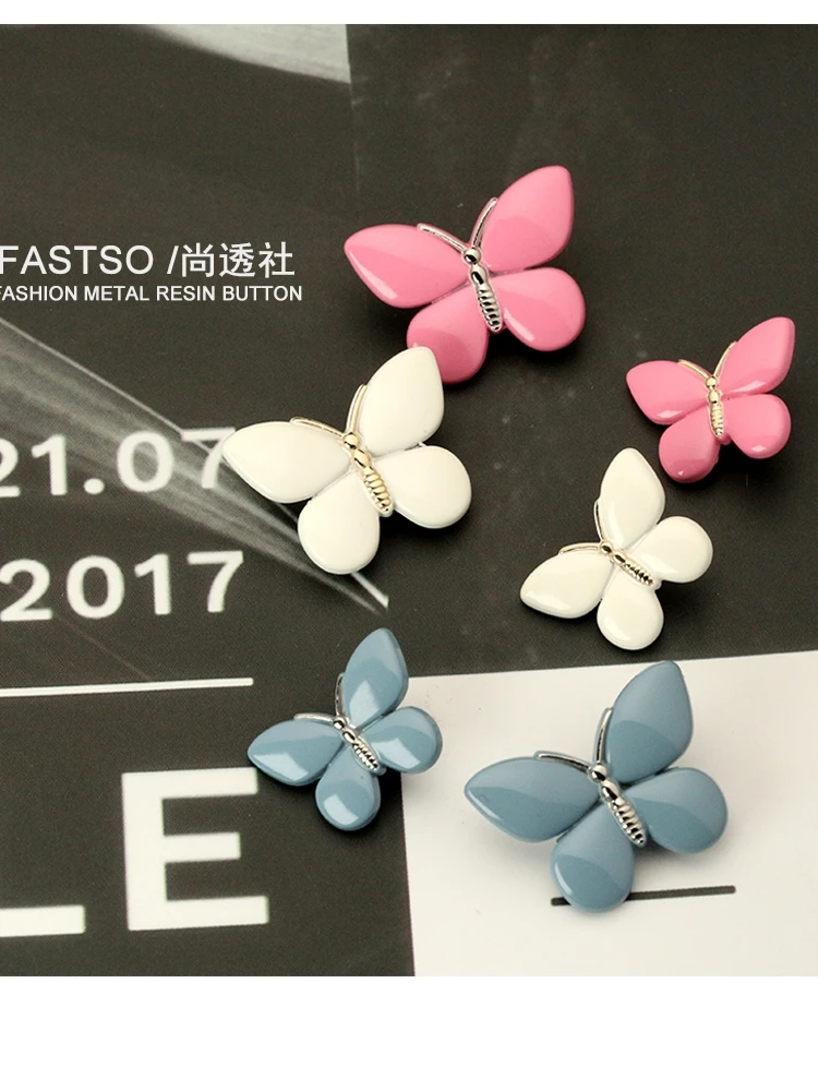 

6pcs 13-23mm Metal Butterfly Knitting Sewing Buttons for Clothing Women Decor Sweater Blazer Fashion Accessories Blue Pink White