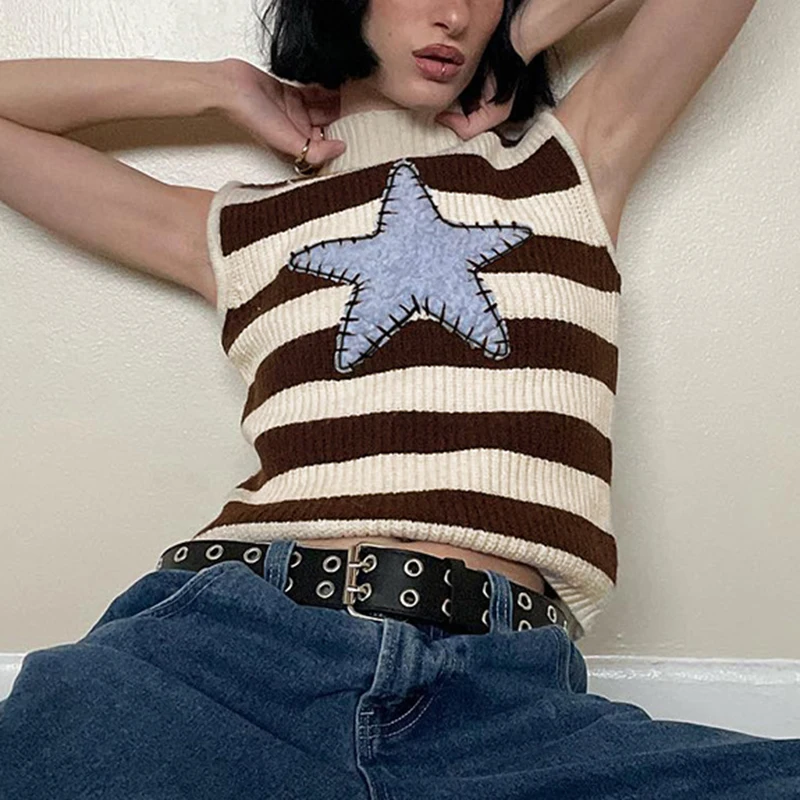 

Милые винтажные пуловеры в стиле преппи, свитер Y2K, милая Облегающая водолазка в полоску со звездами и заплатками, джемпер, одежда