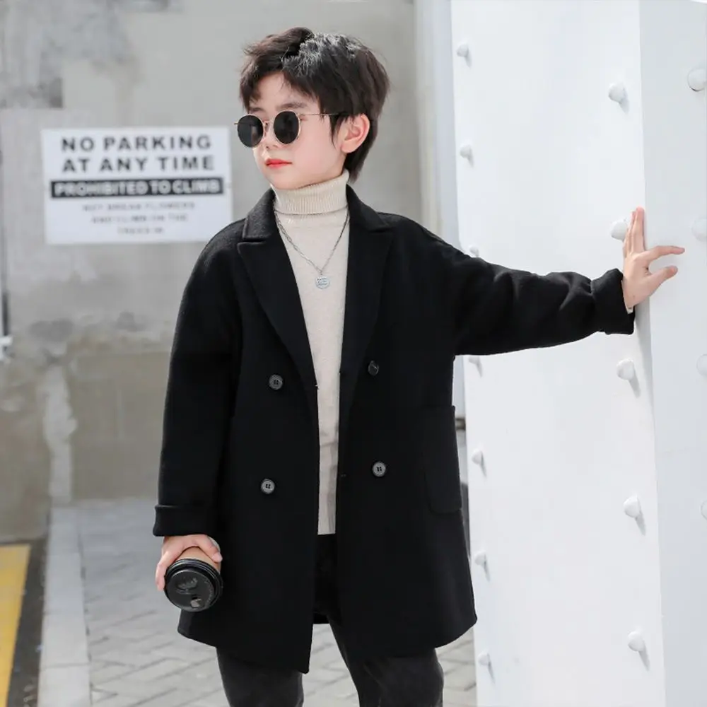 Boys Woolen Coat 2023 Spring Autumn New Fashion Solid Turn Down Collar Outwear 4-16 Years Children Overcoat High Quality F123