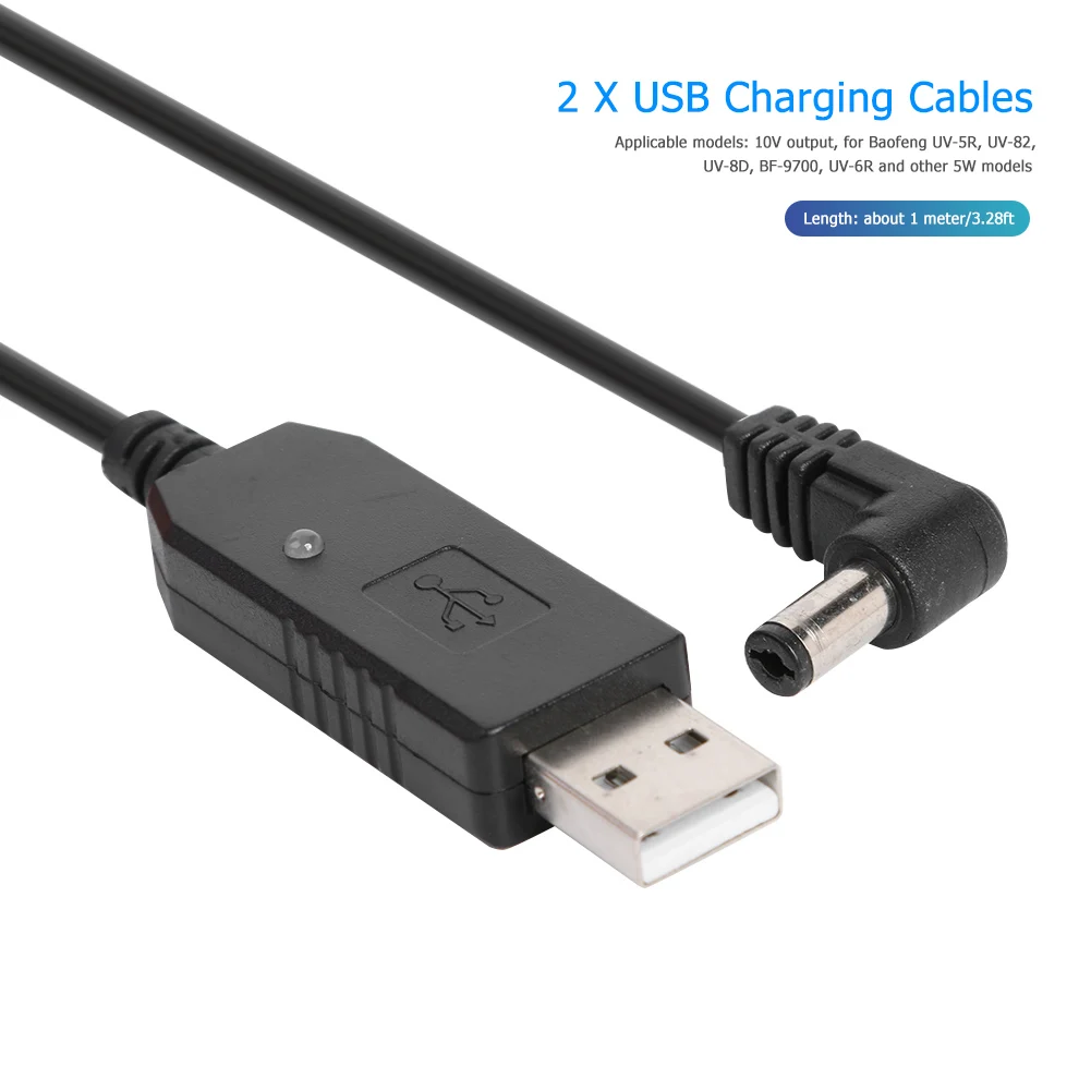 

2pcs USB Charger Cables 5V to 10V Practical Durable With Indicator Light for BaoFeng UV-5R UV-82 UV-8D Radio Accessories
