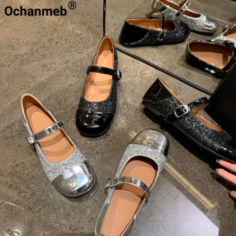 

Ochanmeb Sequined Glitter Silver Mary Janes Flats Women Round Toe Buckled Black Bling Bling Flat Shoes Lady JK Daily Comfortable