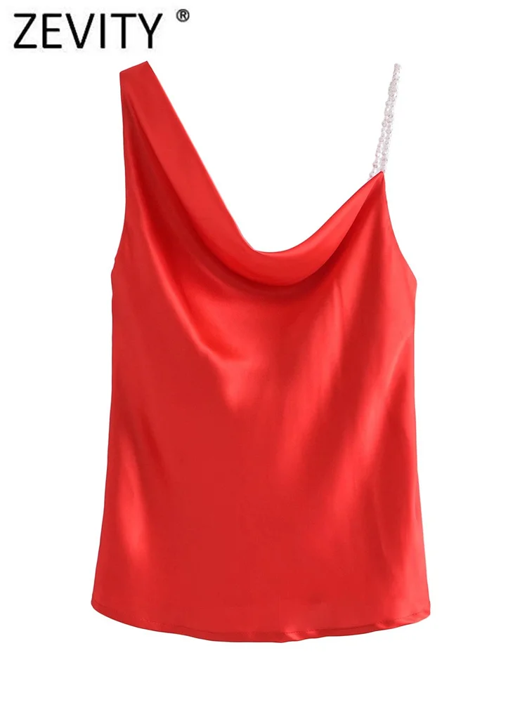 

Zevity Women Sexy Single Shoulder Beading Design Red Smock Blouse Female Asymmetrical Satin Shirt Chic Blusas Tops LS534