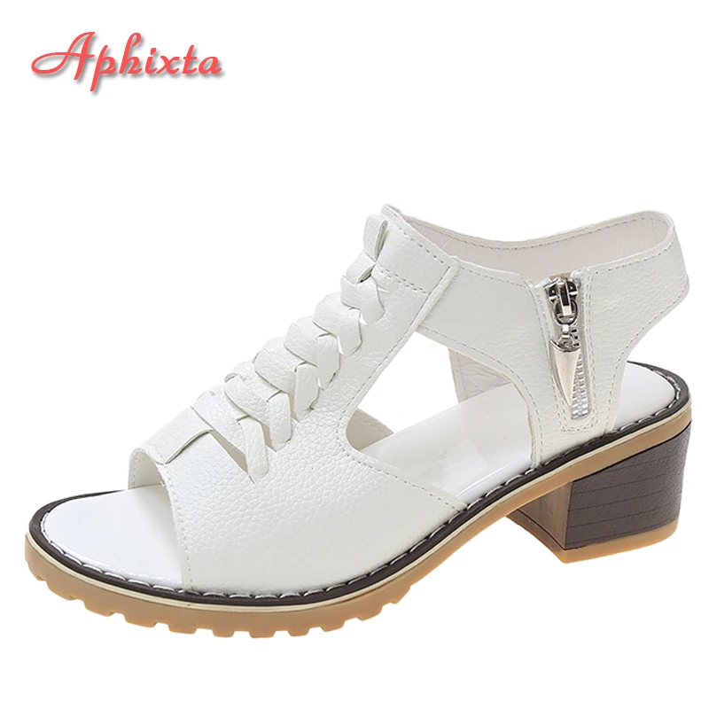 

Aphixta Peep Toe Leather Shoes Women Sandals 5cm Square Heel Summer Square Toe Zipper Chunky Heels Slippers Plus Size 43