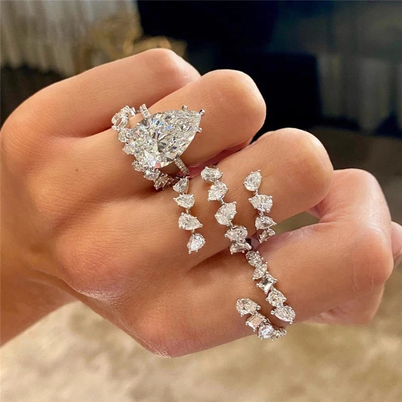 

Fashion 3 Layers Irregular Cubic Zirconia Open Rings for Women Silver Color Ring Rectangle Shinny CZ Wedding Luxury Jewelry
