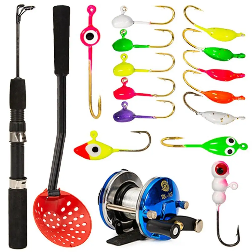 

Carbon Ice Fishing Rod Fishing Reel Combination Kit With Ice Fishing Scoop Hooks Outdoor Winter Fishing Gear Set