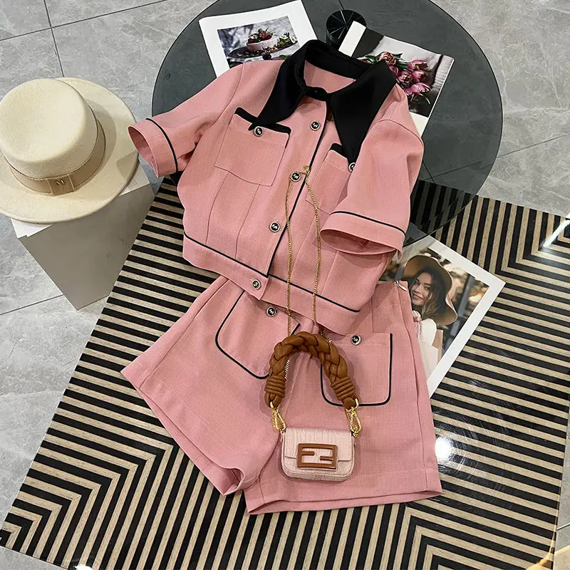 

Women's Pink Short Set Short-sleeved T-Shirt Tops High-waisted Shorts Summer Sweet All-match Korean Style 2 Piece Suits Outfits