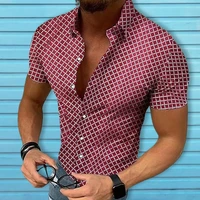 men top trendy lapel plaid print short sleeved men top clothing summer shirt men shirt