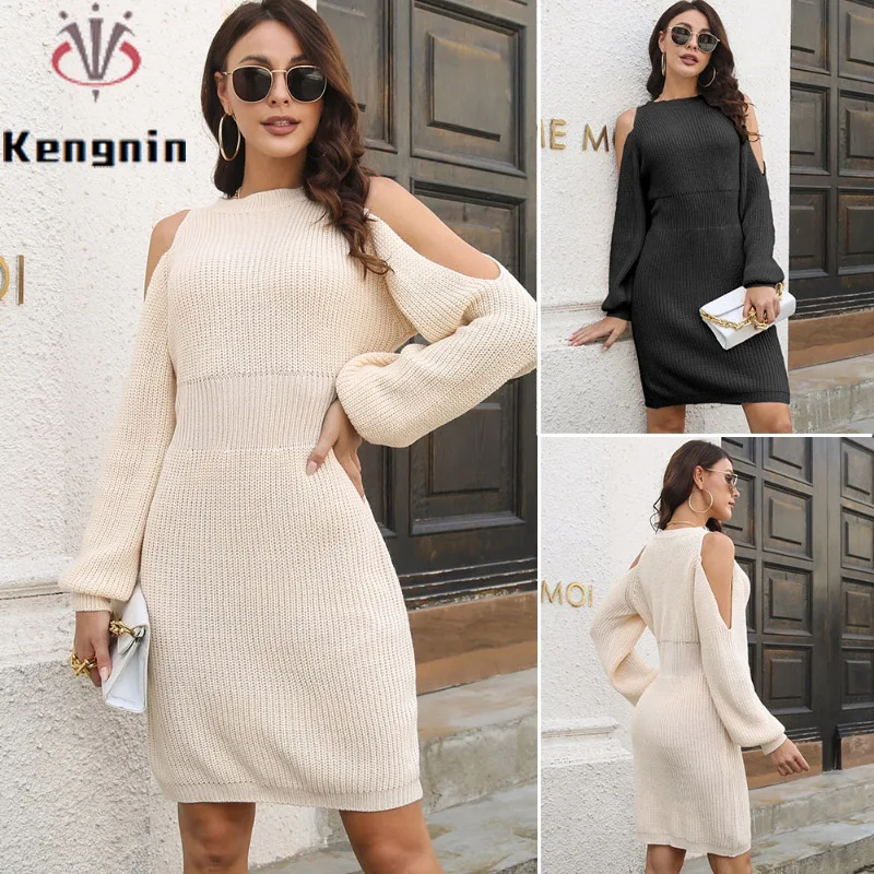 

Женское трикотажное платье-свитер с открытыми плечами и рукавами-фонариками