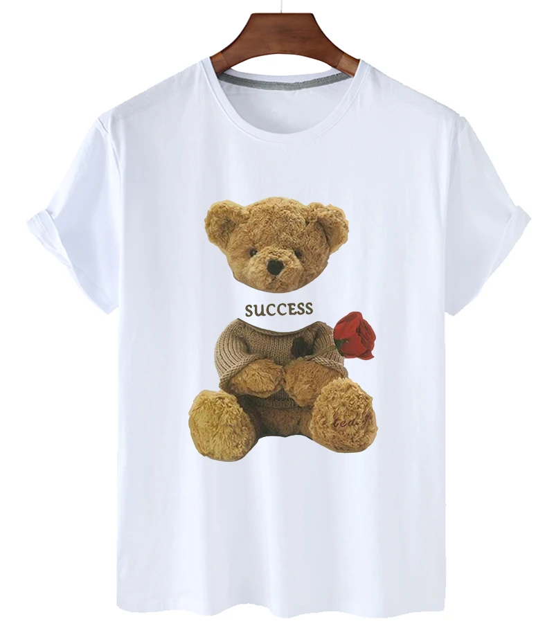 

100% Cotton Scarf Bear O-neck Short Sleeve T-shirt Women's 2022 Summer Casual Short Sleeve Unisex Large Size T-shirt Women's Top