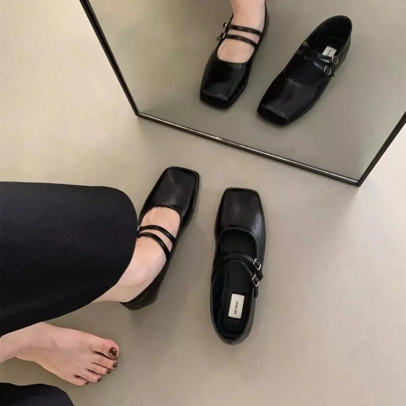 Women's Shoes 2024 Brand Mary Janes Flats Fashion Buckle Strap Office and Career New Square Toe Flat Low Heels Zapatos