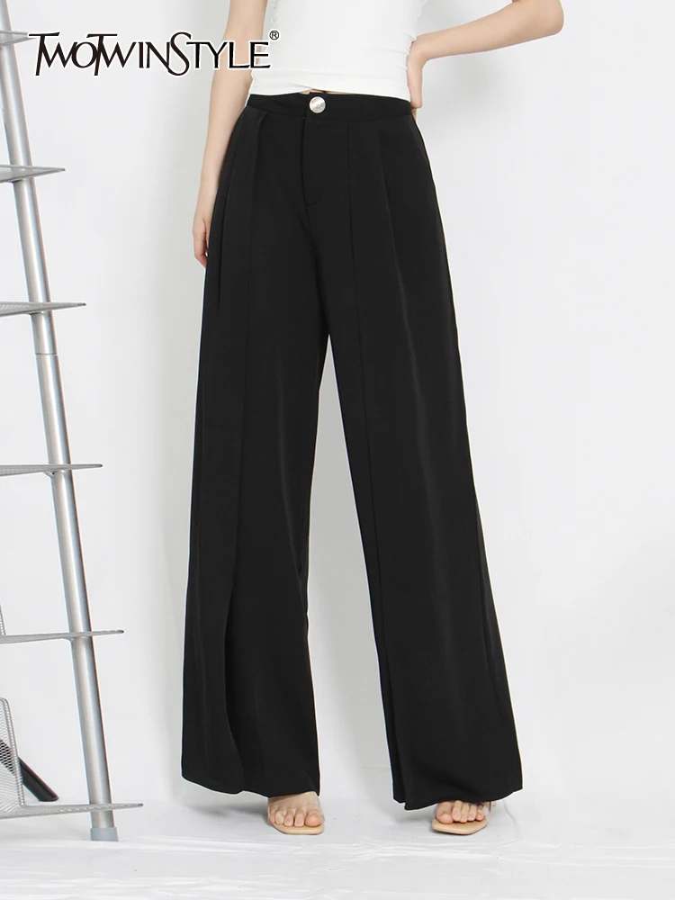 

TWOTWINSTYLE Casual Solid Loose Long Pants For Women High Waist Patchwork Pocket Wide Leg Trousers Female 2022 Spring Clothing