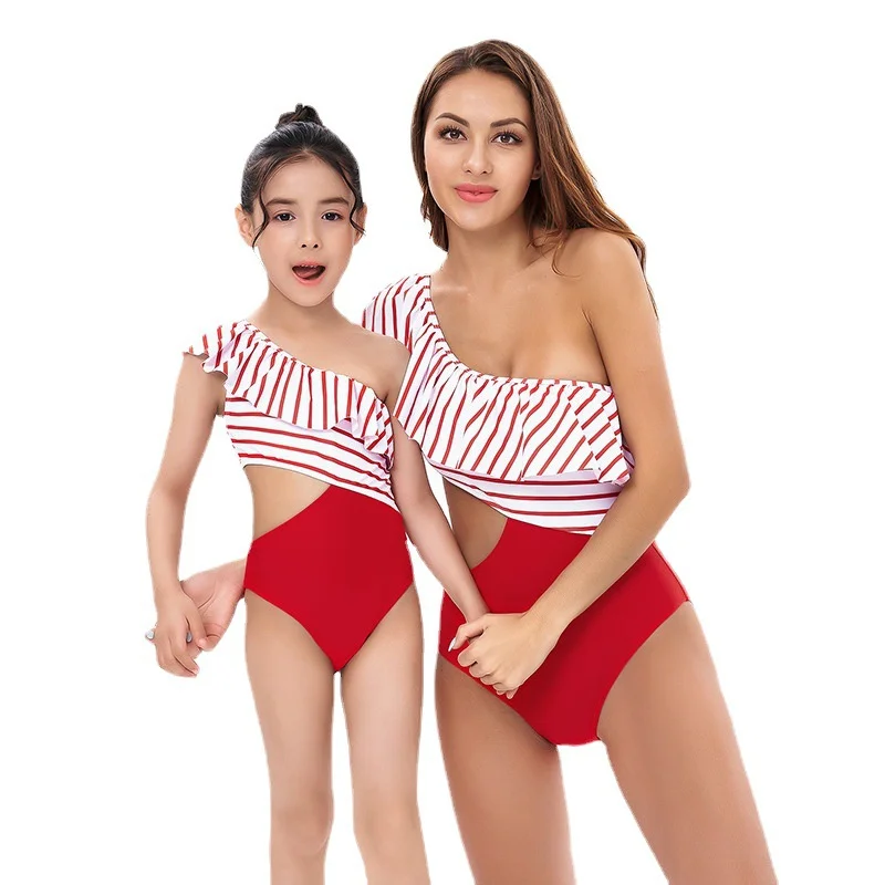 

Newly Mum & Daughter Sexy Beach Suit Family Matching Swimming Wear Beach Vacation Stripe One-piece Off Shoulder Bathing Suit