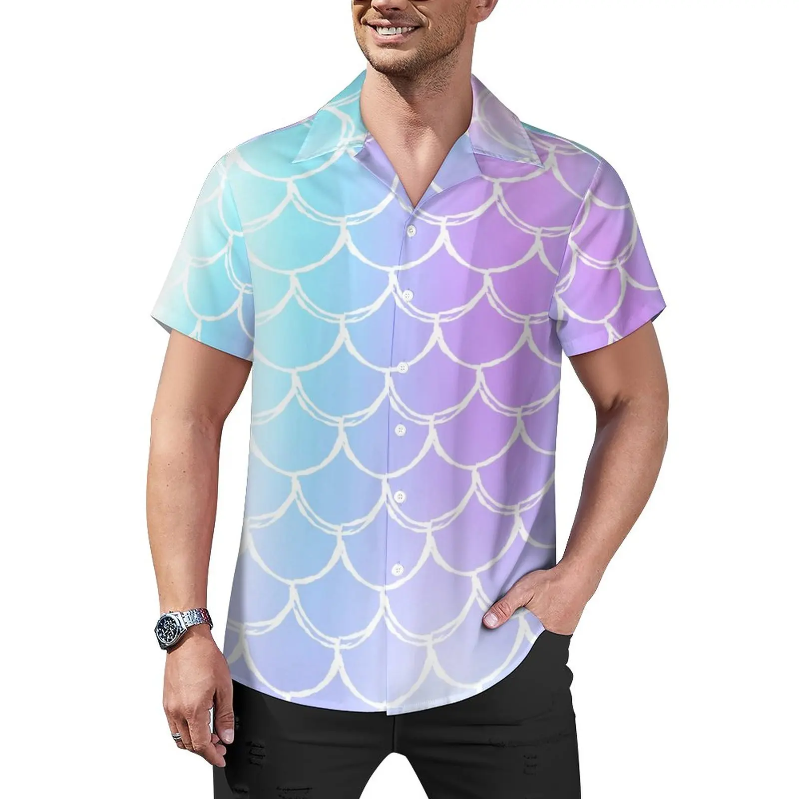 

Ombre Print Loose Shirt Man Vacation Mermaid Scales Casual Shirts Hawaii Custom Short Sleeve Cool Oversized Blouses