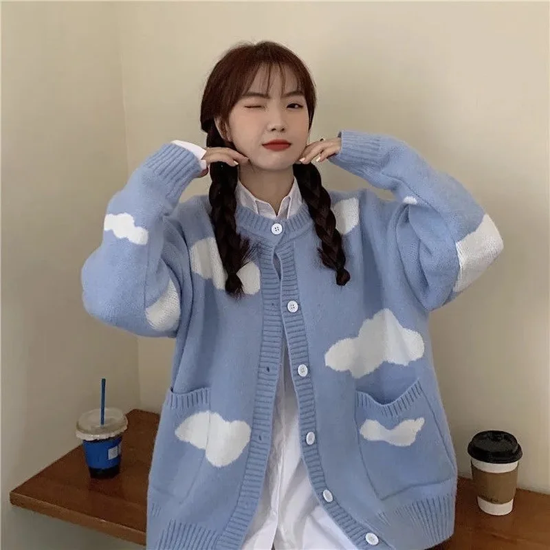 

Sky and Clouds Knitted Cardigan Women's O-neck Loose Casual Knitted Sweater with Big Pockets Spring and Autumn Warm Chic Sweater