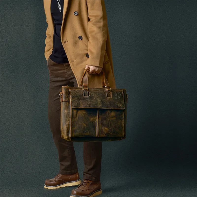Retro fashion high quality natural crazy horse cowhide men shoulder diagonal bag daily business lawyer office portable briefcase