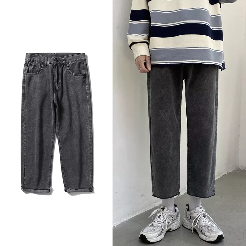 

2023New Streetwear Smoky Gray Baggy Jeans 2021 Autumn New Korean Fashion Straight Denim Cropped Trousers Wide Leg Pants Male