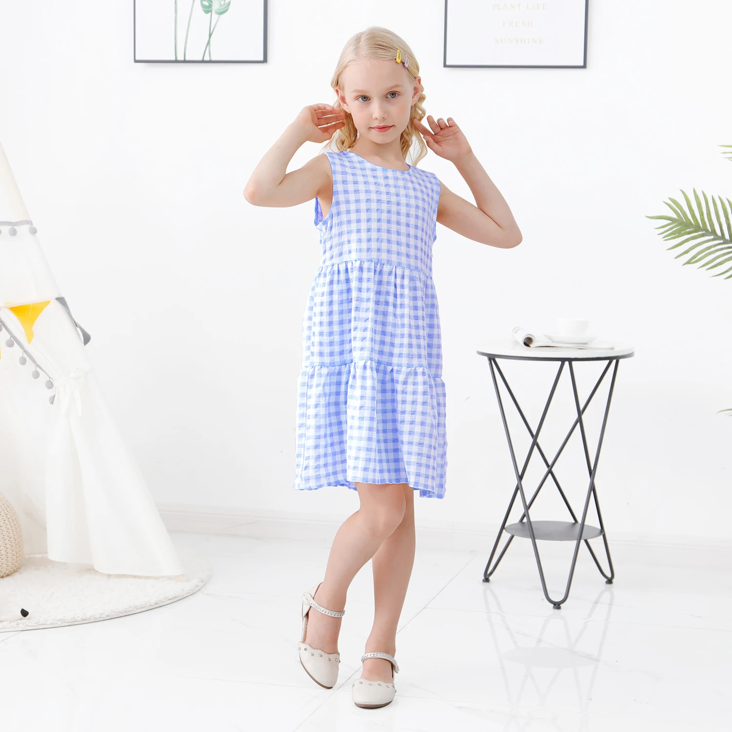 Клетчатое платье для маленьких девочек с рукавами-фонариками весенне-летние