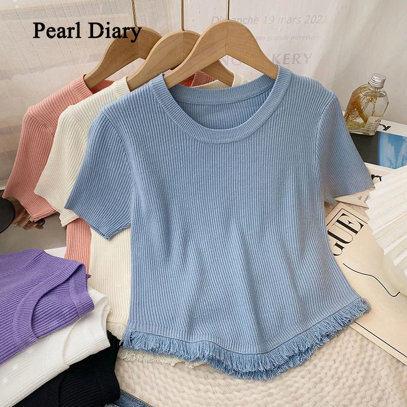 

Летняя вязаная короткая футболка с жемчужным дневником, модные дизайнерские подходящие ко всему топы с бахромой, Женская милая однотонная ...
