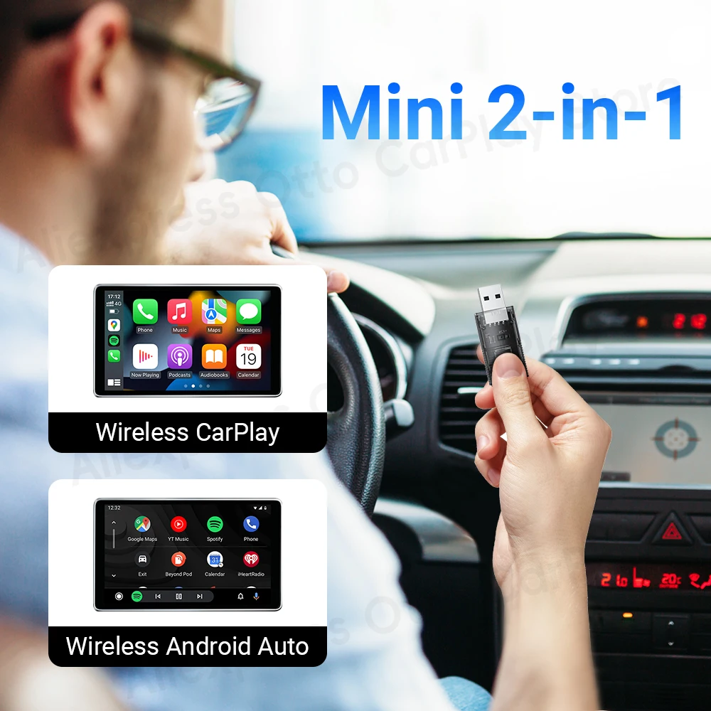 Фото Мини беспроводной CarPlay Android автомобильный адаптер 2 в 1 автомобильные аксессуары Автомобильный переходник для iPhone и телефона Android Новые поступления 2024 №1