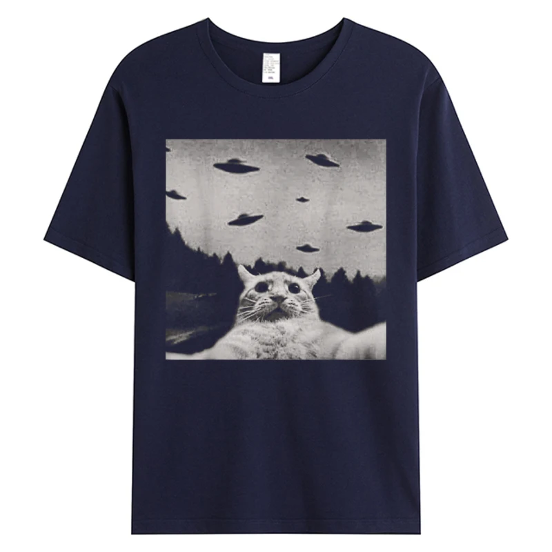 Фото Футболка Alien Cat UFO, мужские футболки из хлопчатобумажной ткани с принтом, футболка 5XL со скидкой, классический крой с круглым вырезом, черные топы для взрослых, футболки №5