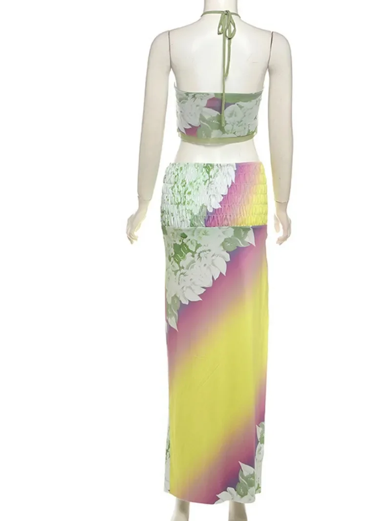 Женская одежда Сетчатый комплект из двух предметов с цветочным принтом Холтер