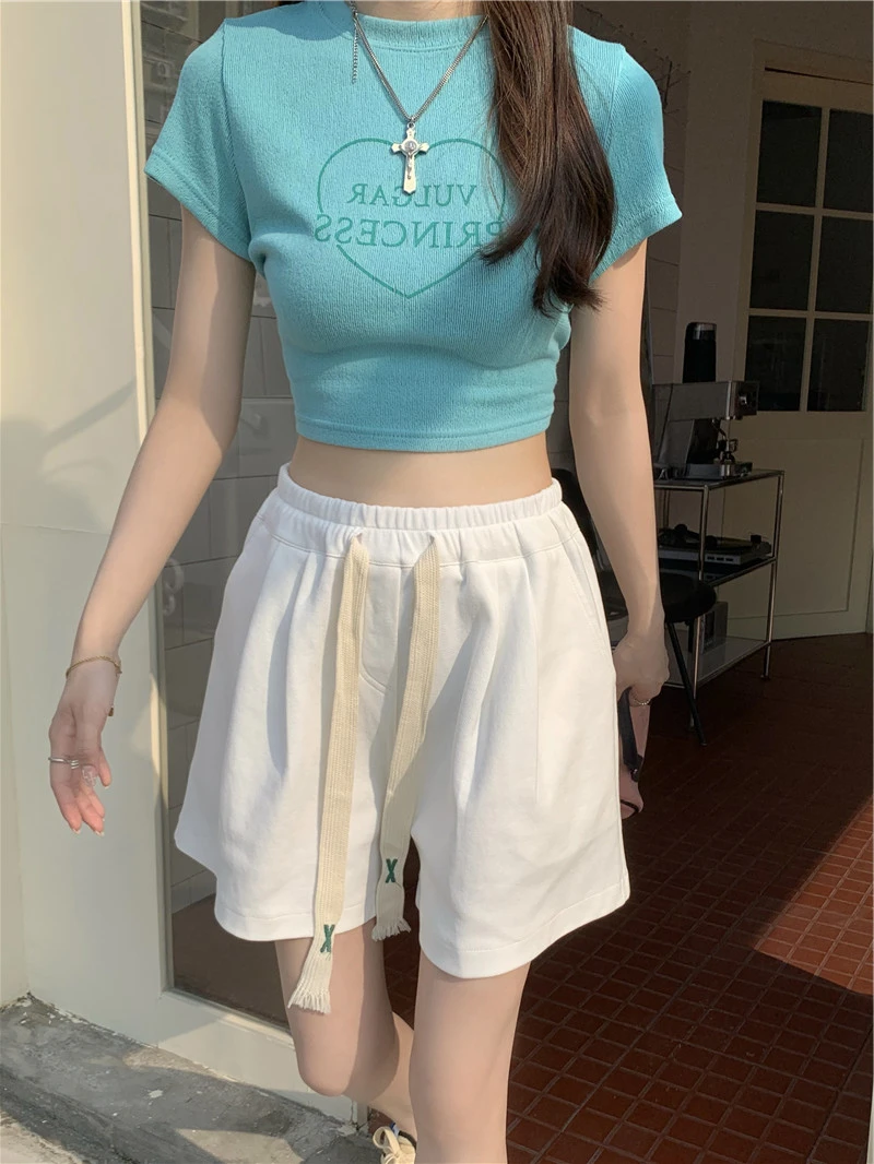 Elastic waist outer wear sports wide leg shorts for women's summer thin knit cotton Korean high waisted solid color casual pants