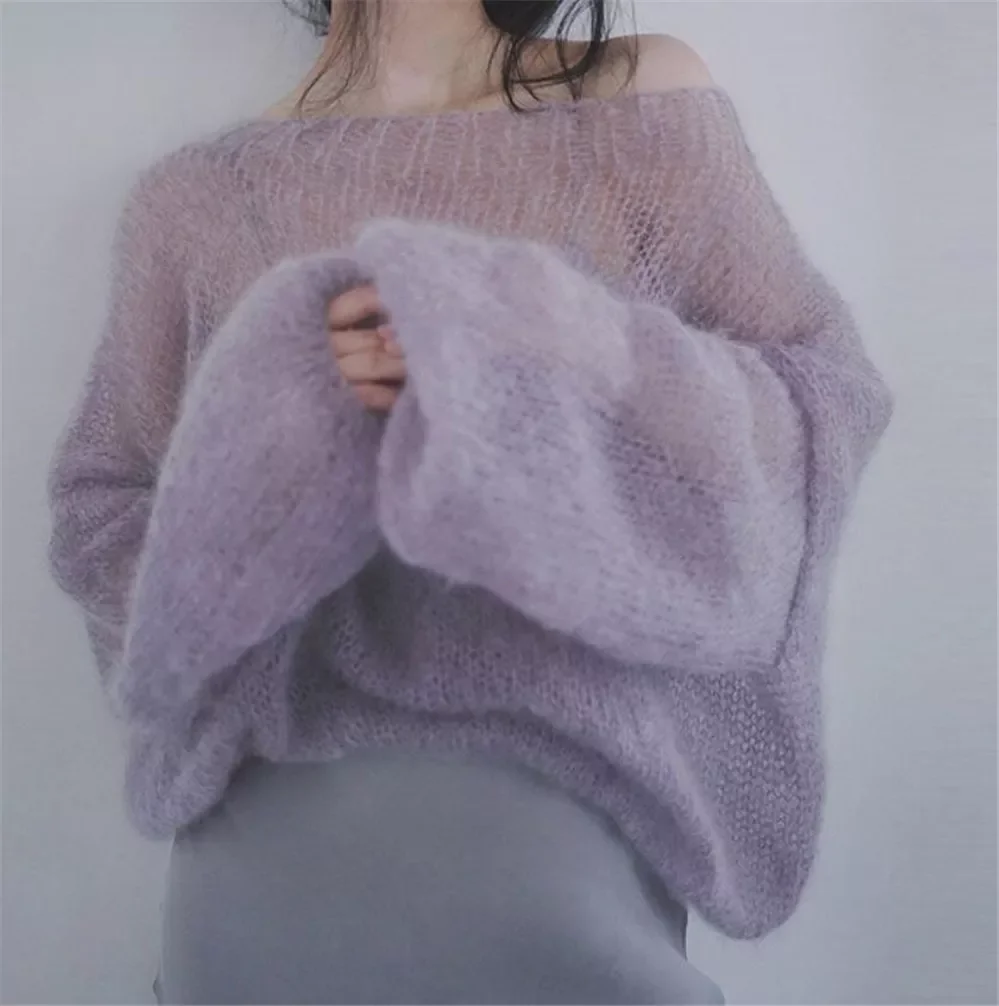 

Новинка 2022, мохеровые Тонкие свитеры, вязаные пуловеры в стиле ретро, милые сексуальные свободные свитеры с воротником-лодочкой для девушек...